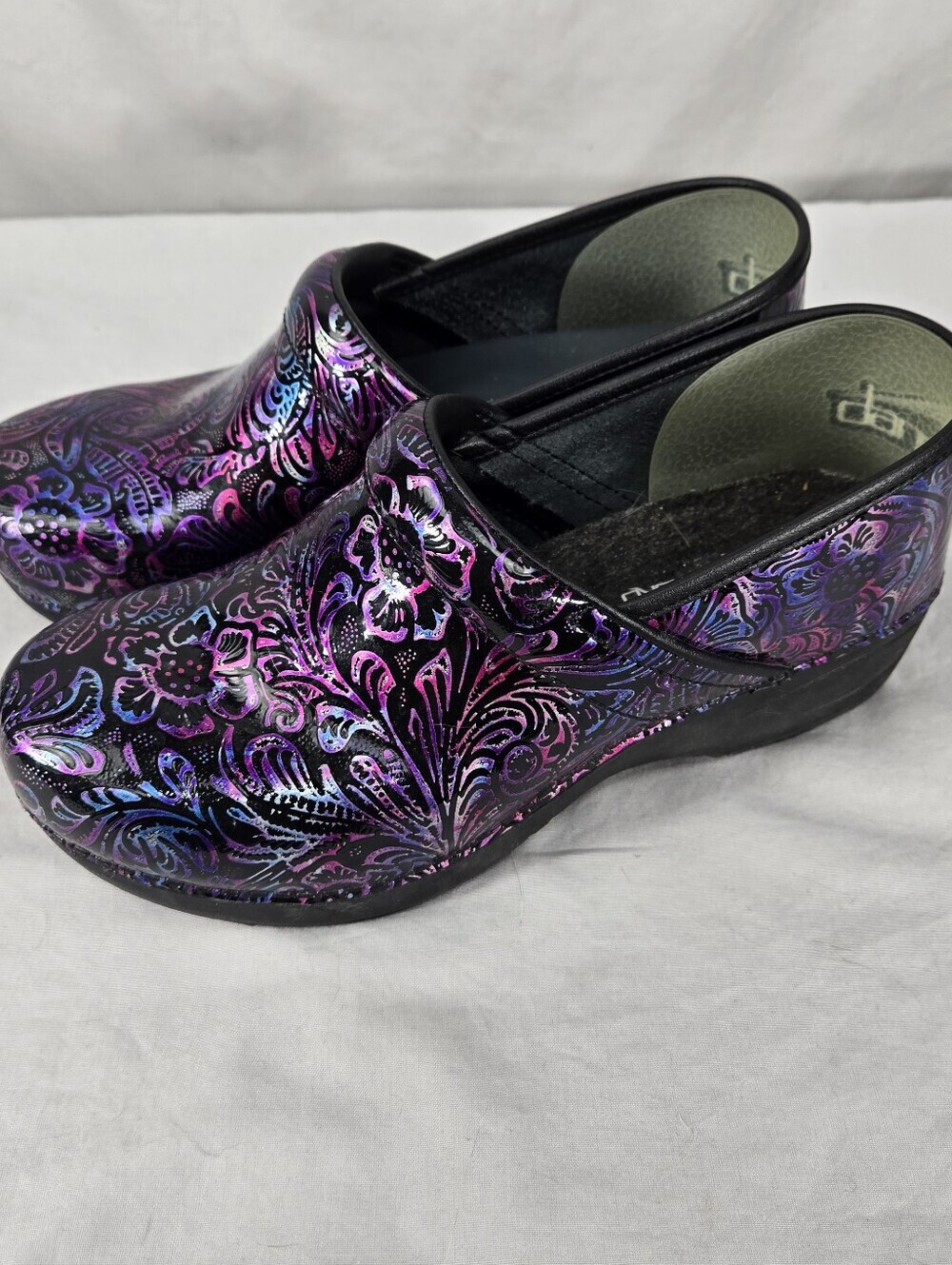 Dansko Women's XP 2.0 Clog Shoes Purple Bloom Floral Patent Leather Sz 40 Nurse